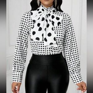 Classic Polka Dot Flare Long Sleeve Button Down Up Shirt Blouse Top Black White